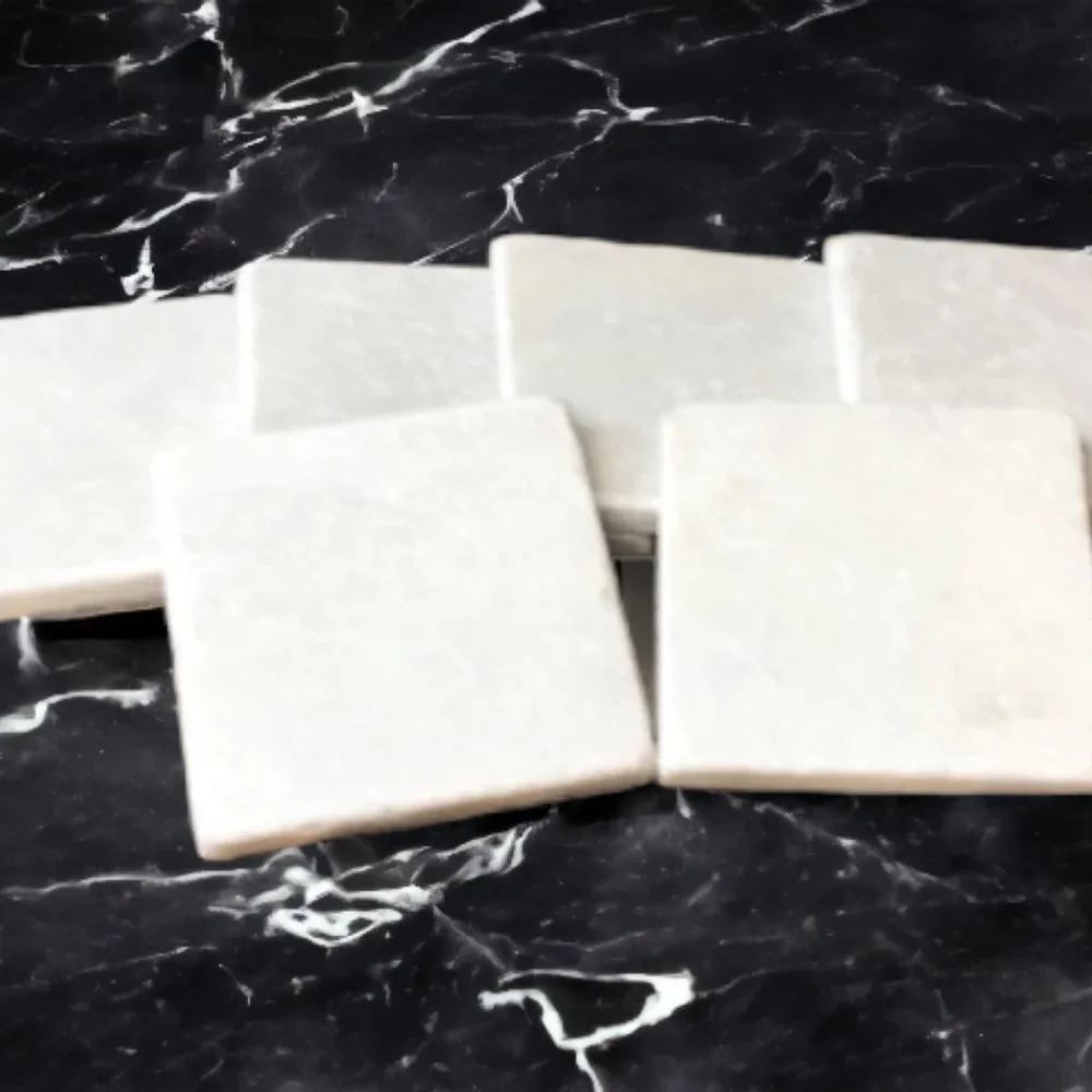 6 Natural White Stone COASTERS w/ Grey Marbling Full Set Boho Cottagecore